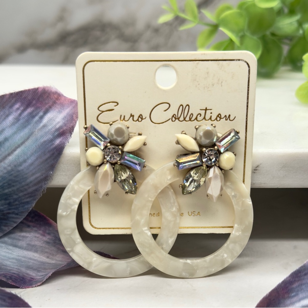 Large Circle Dangle Post Pierced Rhinestone Fashion Earrings • Euro Collection